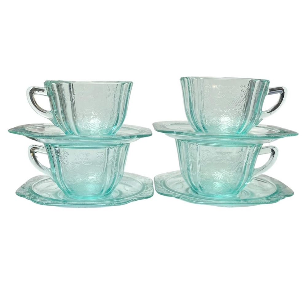 4 Federal Glass “Madrid” Pattern in Teal Depression Glass Cups and Saucers